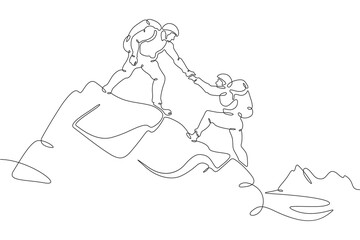 Wall Mural - Climbers at the top. Climbing in the mountains in a group. Mountaineering.Mountain climb.Scenery. Hiker helping friend reach the mountain top.One continuous line. Linear. Hand drawn, white background