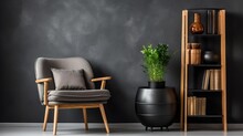 Grey Barrel Chair Against Of Window And Wooden Shelving Unit And Cabinet On Dark Wall. Scandinavian Style Interior Design Of Modern Living Room