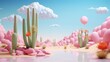 © AI Studio - Cartoon landscape in the desert. A lake in the middle of the desert. Blue sky, pink ground. Green cacti in the desert.
