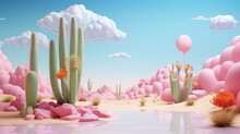 Cartoon Landscape In The Desert. A Lake In The Middle Of The Desert. Blue Sky, Pink Ground. Green Cacti In The Desert.