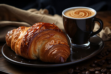 Poster - freshly baked croissants and coffee cup on grey table, top view  
