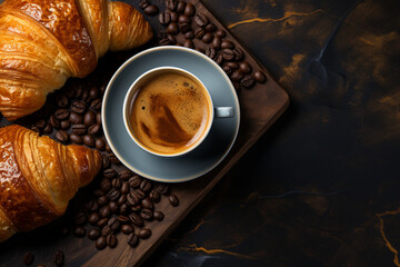 Poster - freshly baked croissants and coffee cup on grey table, top view 