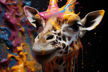 Wall Mural - An abstract surreal photograph of a Giraffe splashed in bright paint, contemporary colors and mood social background.
