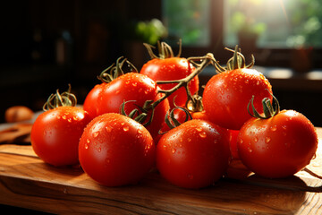 Poster - group of tomatoes on wooden board with droplet on yellow light,
