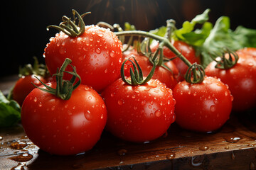 Aufkleber - group of tomatoes on wooden board with droplet on yellow light,