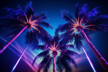 Aufkleber - three palm trees in front of a neon wall, in the style of cosmic landscapes, dark sky-blue and violet, G