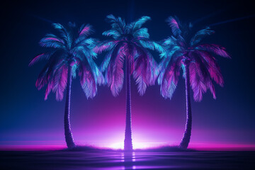 Aufkleber - three palm trees in front of a neon wall, in the style of cosmic landscapes, dark sky-blue and violet, 