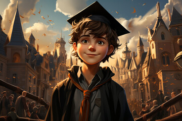 Poster - A cartoon schoolboy stands with a graduation cap, looking towards the future with determination and excitement.  