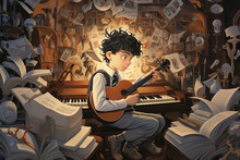 The Schoolboy Cartoon Plays A Musical Instrument Like A Guitar Or A Keyboard, Surrounded By Musical Notes And A Lively Music Room Atmosphere. 