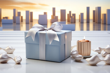 Poster - A minimalistic holiday background showcasing a single gift box on a simple white surface. 