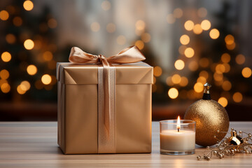 Poster - A minimalistic holiday background with a single gift box placed on a wooden surface. 