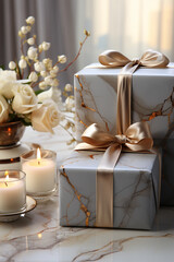 Poster - An elegant holiday background with a single gift box on a polished marble surface. 