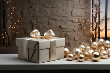 Poster - A sleek and modern holiday background featuring a single gift box placed on a contemporary console table.  