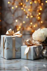 Wall Mural - An elegant holiday background with a single gift box on a polished marble surface