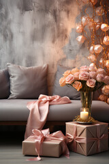 Poster - An artistic digital composition showing a gift box resting on a plush couch against a backdrop of soft, muted colors.  