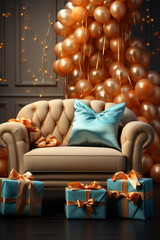 Poster - An artistic digital composition showing a gift box resting on a plush couch against a backdrop of soft, muted colors.  