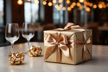 Fototapete - An elegant holiday background showcasing a beautifully wrapped present placed on a minimalistic desk