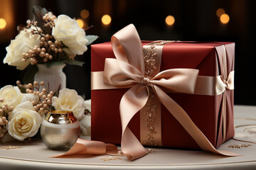 Poster - A neatly wrapped gift box sits on a sleek table against a pale backdrop, creating an elegant and festive atmosphere.  