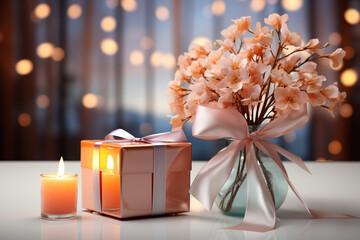 Poster - A clean, modern digital background with a soft pastel palette. A neatly wrapped gift box sits on a sleek table against a pale backdrop,  