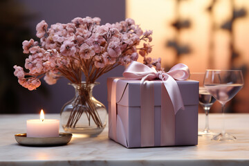 Poster - A clean, modern digital background with a soft pastel palette. A neatly wrapped gift box sits on a sleek table against a pale backdrop,  
