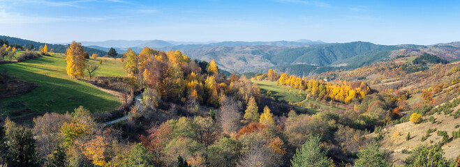 Wall Mural - colorful view of an autumn mountain with peaks, meadows and colorful forests of dinaric alps, near z