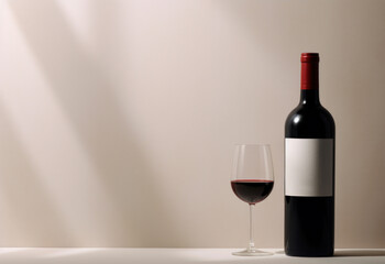 Wall Mural - Red wine bottle with a glass on a simple gray empty background