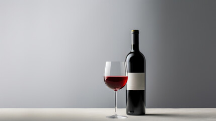 Wall Mural - Red wine bottle with a glass on a simple gray empty background