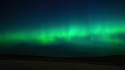 dynamic timelapse of the aurora borealis over fields of sheep in scotland.