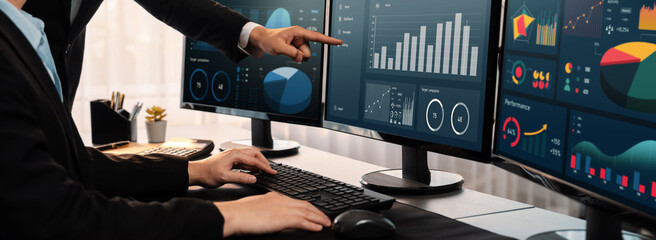 Poster - analyst working on data analysis or bi dashboard on computer monitor. business team analyzing financ