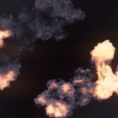 Poster - Fire explosions with smoke trails on dark background. Abstract digital illustration. 3d rendering