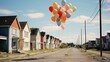 On a sunny day, a bright rainbow of balloons dance in the sky above a street lined with cheerful homes, creating a joyous atmosphere that touches the ground below