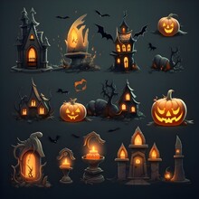 Halloween Set Of Pumpkins, Ghosts, Haunted House, Bats And Castle On Solid Background.