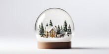 Christmas Snow Globe With Green Pine Trees And Snow Inside, Isolated On White Background