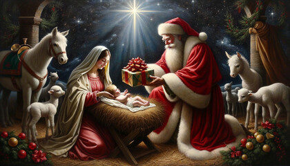 Poster - A Magical Christmas Miracle: Santa Joins the Nativity by giving the Baby Jesus a Present. 