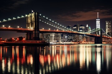 Canvas Print - Brooklyn Bridge and Manhattan skyline at night, New York City, brooklyn bridge night exposure, AI Generated