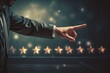 Businessman pointing at five star rating on dark background with copy space, Businessman hand touching a star rating concept on a touch screen with his finger, AI Generated