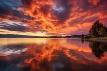 Colorful Sunset On The Lake. Dramatic And Picturesque Scene, Bright Sunset Over Lake Geneva, Switzerland, Golden Clouds Reflect In The Water, AI Generated