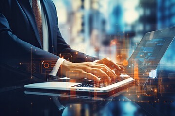 Fototapete - Close up of businessman working on laptop with double exposure of business interface. Toned image, Businessman hand in modern office working, AI Generated