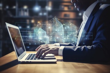 Fototapete - Businessman using laptop with abstract city hologram. Technology and innovation concept. Double exposure, Businessman hand in modern office working, AI Generated