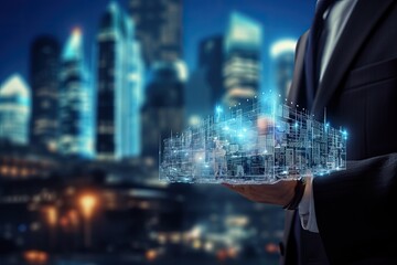 Poster - close up of businessman holding construction project over cityscape background. mixed media, busines