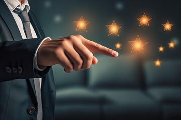 Poster - close up of businessman pointing with finger at five stars rating on virtual screen, businessman han