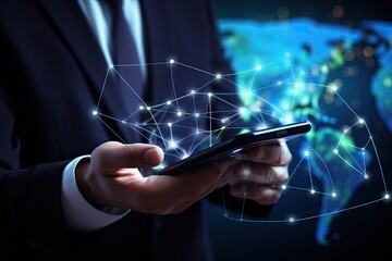 Canvas Print - Businessman using mobile phone with world map and connection lines on dark background, Businessman hand using a smart phone with a global network connection concept on the screen, AI Generated