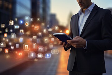 Fototapete - Businessman using digital tablet with application icons on cityscape background, Businessman on blurred background using 3D rendering mobile phone with social media icons, AI Generated