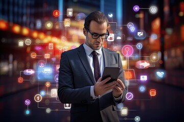 Fototapete - businessman with tablet pc and social media icons on cityscape background, Businessman on blurred background using 3D rendering mobile phone with social media icons, AI Generated