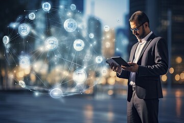 Fototapete - Businessman using tablet with social network icons on city background. Communication and technology concept, Businessman on blurred background using 3D rendering mobile phone, AI Generated