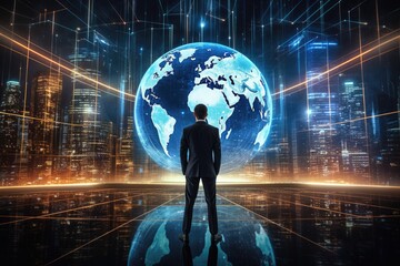 Sticker - Back view of businessman looking at Earth planet hologram over cityscape background, Businessman standing in front of a big hologram screen showing global network system, rear view, AI Generated