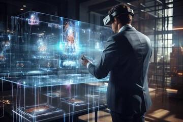 Wall Mural - Virtual reality experience. Double exposure of young man in VR headset touching hologram screen while standing indoors, Businessman wearing VR and using AI technology, AI Generated