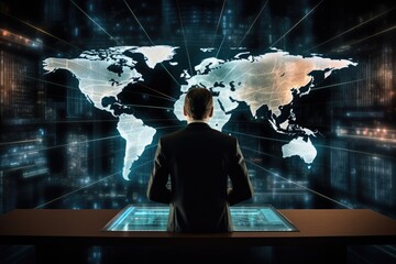 Poster - businessman sitting at table and looking at world map. technology concept, businessman working on a 