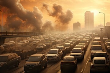 Wall Mural - Air pollution in the city. Pollution of the environment concept. car traffic in the city air pollution, AI Generated