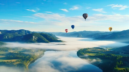 Colorful balloons float above mountains, rivers, and seas of mist.